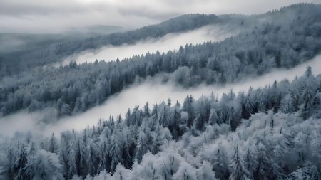 Aerial shot of a snow-covered forest shrouded in mist, creating a serene winter wonderland.の写真素材