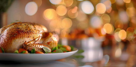 A mouthwatering roasted turkey ready for Thanksgiving dinner. Warm, festive lighting creates a cozy atmosphere.の写真素材