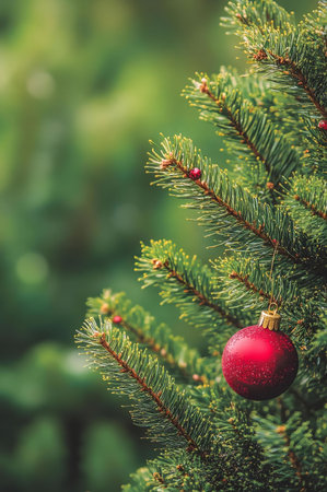 A single red ornament hangs delicately from a vibrant evergreen branch, embodying the spirit of the Christmas season.の写真素材
