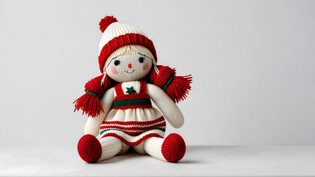 Charming knitted Christmas doll wearing a red and white outfit. Perfect festive decoration or gift.