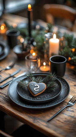 A beautifully set Christmas table with black plates, candles, and a heart-shaped cookie. Rustic...