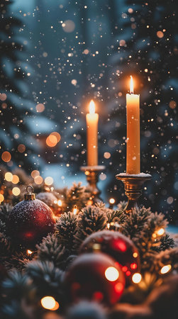 A magical Christmas scene with lit candles, red ornaments and a snowy background