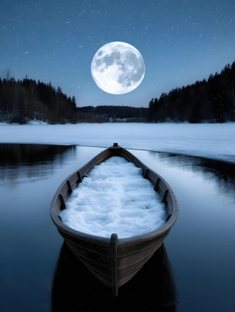 A wooden boat sits on a frozen lake under a stunning full moon, surrounded by snow-covered trees. The scene is peaceful and serene.の写真素材