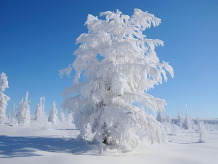 A snow-covered tree stands tall against a bright blue sky in a winter wonderland. The serene landscape is filled with pristine snow and frosty trees.の写真素材