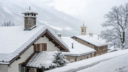 Picturesque snow-covered village nestled in the Alps. Charming houses and a church under a blanket of white.の写真素材