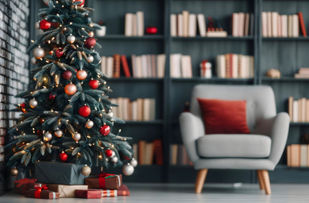 A beautifully decorated Christmas tree stands in a cozy living room, complete with presents and a comfortable armchair. The shelves are filled with books, enhancing the warm atmosphere.の写真素材