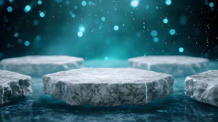 Hexagonal ice platforms on a frozen lake. Winter scene with icy texture and cool tones.の写真素材