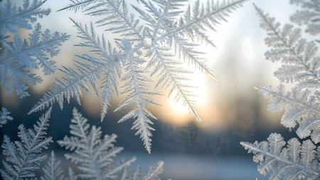 Stunning close-up of frost intricately patterns adorning a windowpane, sunlit winter scene.の写真素材