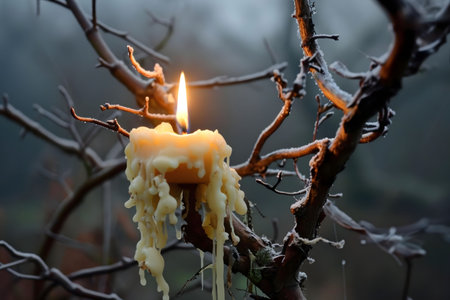 A single candle melts on a frost-covered branch. The soft light contrasts with the cold winter setting.の写真素材
