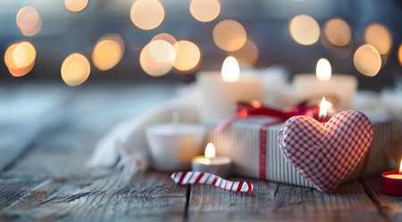 A heartwarming Christmas scene featuring a red and white heart-shaped candle, gift, and glowing candles on a rustic wooden table. Festive bokeh lights create a magical atmosphere.の写真素材