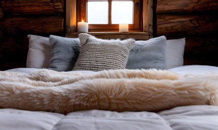 A cozy cabin bedroom with a comfy bed, soft pillows, and a fluffy fur throw. The warm lighting and rustic wood create a relaxing atmosphere.の写真素材