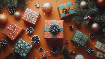 Festive Christmas flatlay featuring presents, ornaments, and pine cones on an orange background.の写真素材