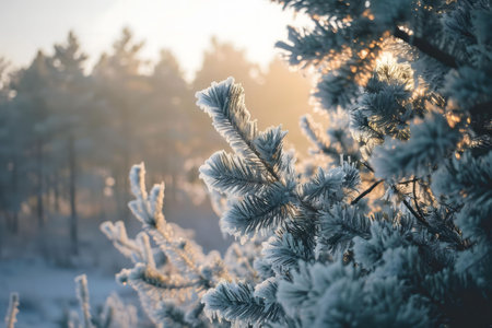 Frozen pine branches in a winter forest, bathed in the warm glow of sunrise. A tranquil and beautiful scene.の写真素材