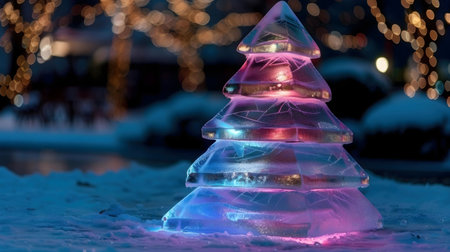 A stunning ice Christmas tree illuminated at night. Winter wonderland scene.の写真素材