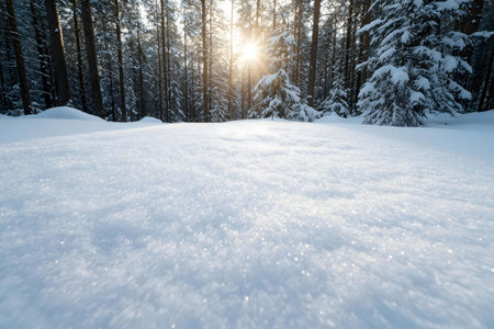A breathtaking winter scene of a snow-covered forest bathed in sunlight.の写真素材