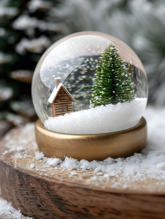 A charming snow globe depicting a snowy winter scene with a cabin and a fir tree. Perfect for the festive season.の写真素材