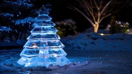 A stunning ice Christmas tree glows with inner lights in a snowy landscape at night.の写真素材