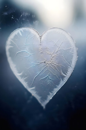 A heart-shaped ice formation on a windowpane during winter. Cold, romantic, and serene.の写真素材