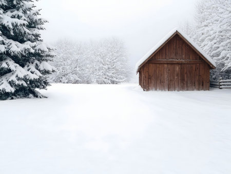 A picturesque winter scene featuring a rustic wooden barn covered in snow, surrounded by snow-laden trees and a vast expansion of white snow.の写真素材