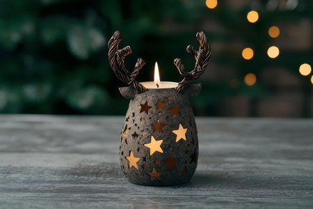 A lit candle inside a reindeer-shaped holder, adding a festive touch to a holiday scene.