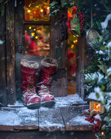Red boots sit outside a snow-covered window, twinkling Christmas lights inside. A magical Christmas eve scene.の写真素材