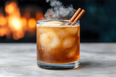A steaming warm apple cinnamon cocktail, garnished with cinnamon sticks, sits on a marble surface before a blurred fireplace background.の写真素材