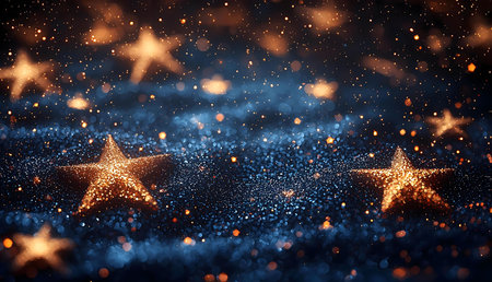 Two golden stars shimmer amidst a dark blue, glittering backdrop. A magical night scene.の写真素材