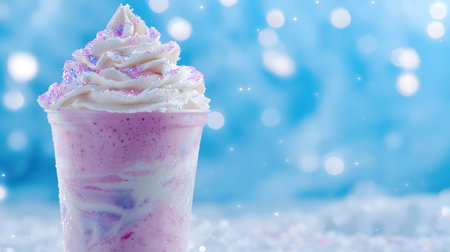 A dreamy pink and purple unicorn frappuccino, topped with whipped cream and sprinkles, sits against a sparkling winter background.の写真素材