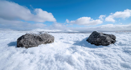 Two rocks sit in the snow atop a mountain, under a bright blue winter sky. A serene, peaceful scene.の写真素材