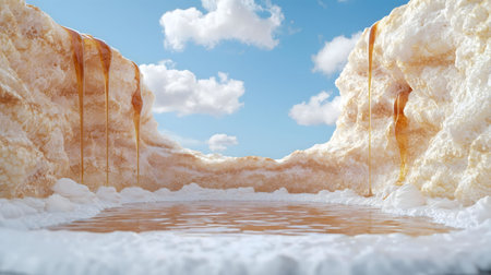 Surreal landscape featuring honey dripping from cliffs into a serene pool. Dreamlike and visually appealing.の写真素材