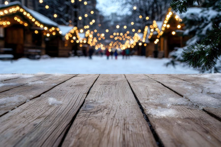 Rustic wooden tabletop with blurred background of Christmas market in winter. Snow, lights, and cozy atmosphere.の写真素材