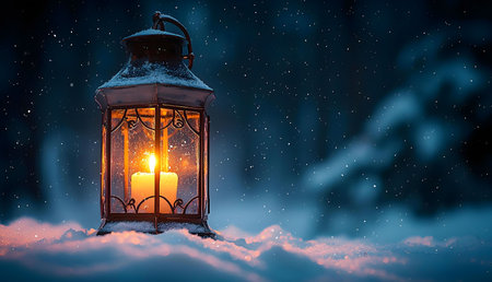 A glowing candle lantern sits in the snow on a winter night. The scene is serene and peaceful.