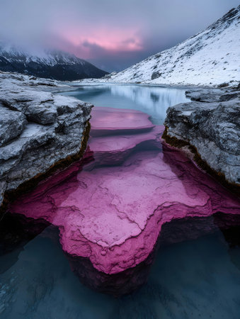 Pink lake reflecting the sunrise in a winter mountain landscape. Stunning colors and serene atmosphere.の写真素材