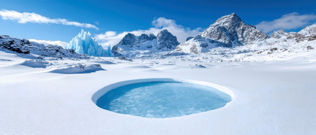A serene glacial lake, frozen in winter, surrounded by snow-covered Andes Mountains. Breathtaking scenery.の写真素材