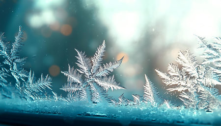 Stunning close-up of ice intricately patterns on a frozen window pane. Winter wonderland scene.の写真素材