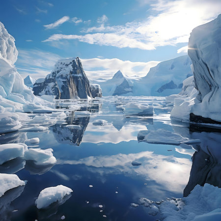 Stunning Antarctic landscape with ice mountains reflecting in the calm waters. A serene and peaceful scene.の写真素材