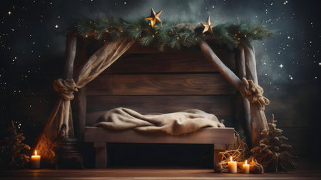 Rustic Christmas native scene. Wooden manger, candles, stars.の写真素材