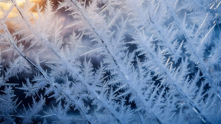 Close-up of intricately frost patterns on a window during winter. Stunning icy textures and a serene...
