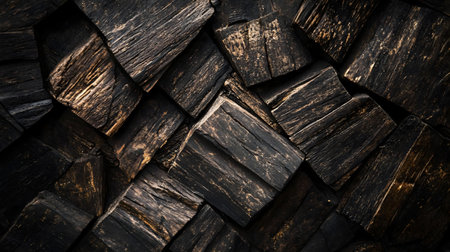 Abstract background texture of dark brown and black wooden blocks. Interlocking pieces create a...