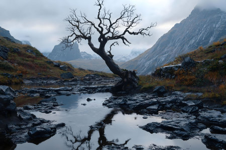 A tranquil mountain lake scene with a dead tree reflected in its still water. Moody atmosphere.の写真素材