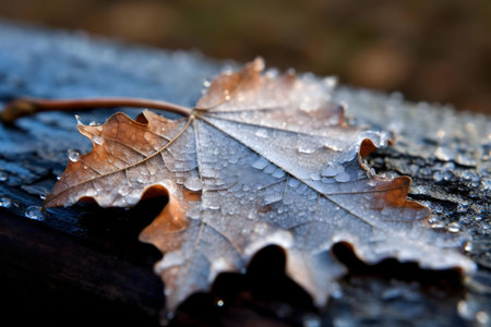 A single frosted leaf rests on a cold, wooden surface. Ice crystals glisten on its delicate veins....