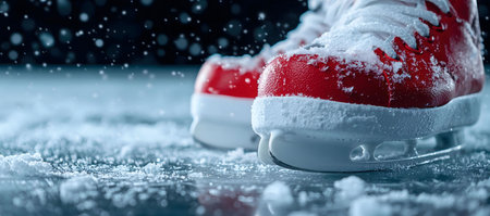 Close-up of red ice skates on a snowy ice rink. Winter, fun, and frosty adventure.