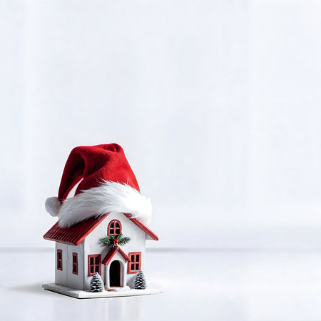 A miniature white house wears a Santa hat, creating a festive Christmas scene. Perfect winter holiday decoration.の写真素材