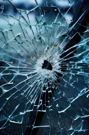 Close-up view of a shattered glass pane, showing the intricate network of cracks and fragments. The...