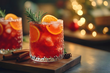 A close-up of a festive cranberry cocktail garnished with orange slices and rosemary. Perfect for holiday gatherings!の写真素材