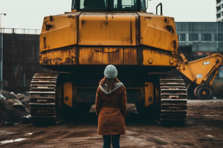 A woman stands before large industrial machinery, contemplating the construction scene. The image captures a moment of reflection and scale.の写真素材