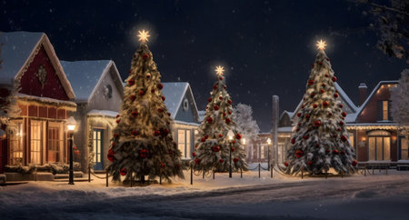 A picturesque snowy village scene at night, featuring beautifully decorated Christmas trees and warmly lit houses. The falling snow adds to the magical Christmas atmosphere.の写真素材