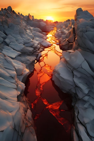 Sunset paints a glacial crevice with fiery reflections.の写真素材