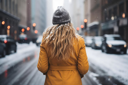 A woman in a yellow coat walks through a snowy city street. Winter atmosphere.の写真素材