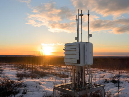 A weather station stands in the arctic, silhouetted against a stunning sunset. Winter snow covers...